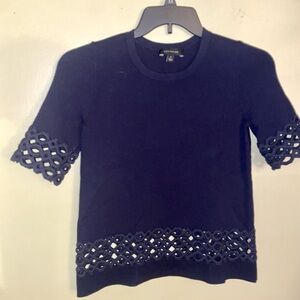 Black Lattice Trim Women's Knit Top M Scoop Neck Elbow Sleeve Pullover Elegant